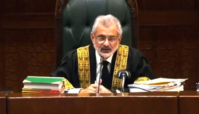 Chief Justice of Pakistan Qazi Faez Isa presides over a televised full court hearing on September 18, 2023, in this still taken from a video. — Screengrab via Geo News