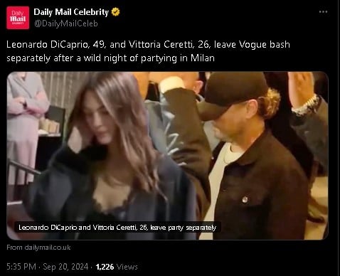 Leonardo DiCaprio, Vittoria Ceretti exit Milan nightclub solo