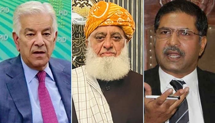 Defence Minister Khawaja Asif (left), JUI-F Chief Maulana Fazlur Rehman (centre) and PTI Senator Syed Ali Zafar. — PID/Facebook/Maulana Fazl ur Rehman/APP/File