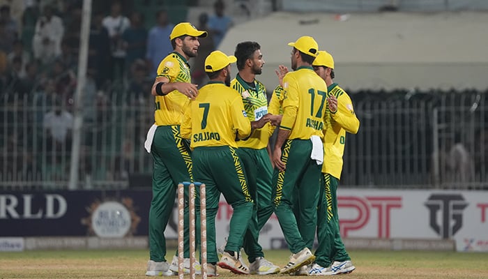 The Lions huddled together and celebrating a wicket against the Markhors in the eighth match of the Champions One-Day Cup on September 20, 2024 at the Iqbal Stadium, Faisalabad. — PCB