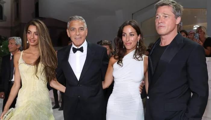 Photo: Brad Pitts lady love Ines De Ramon leaning on Amal Clooney: Source