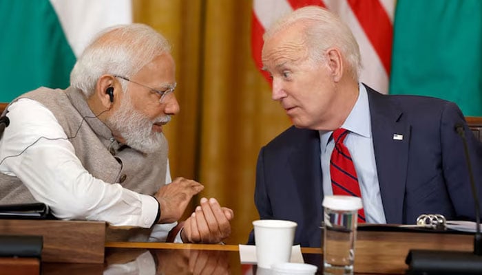 US President Joe Biden (right) and India’s Prime Minister Narendra Modi meet with senior officials and CEOs of American and Indian companies in the East Room of the White House in Washington, US, June 23, 2023. — Reuters