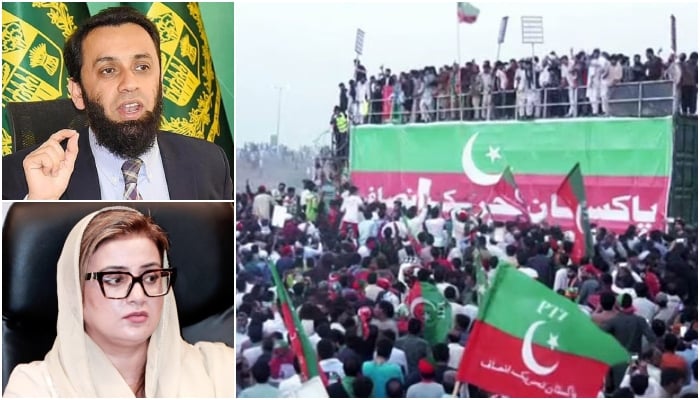 Clockwise from top left: Information Minister Ataullah Tarar, PTI workers attending the power show in Lahore, Kahna, on September 21, 2024, and Punjab Information Minister Azma Bokhari. — Screengrab/Geo News/APP/Facebook/@AzmaBokhariPMLN