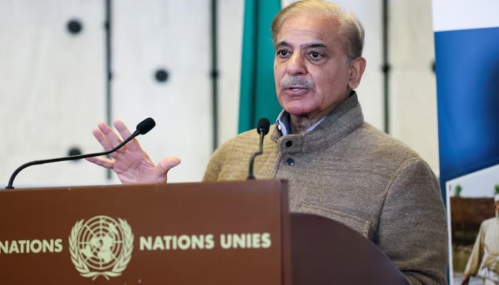 Pakistans Prime Minister Shehbaz Sharif speaks at a news conference, during a summit on climate resilience in Pakistan, months after deadly floods in the country, at the United Nations, in Geneva, Switzerland, January 9, 2023.— Reuters