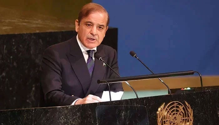 PM Shehbaz Sharif speaks at the 77th session of the United Nations General Assembly (UNGA) on September 23, 2022 in New York City, US. — AFP