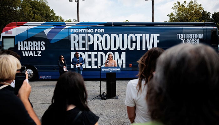 Hadley Duvall speaks during an event held by the Harris-Walz campaigns national Fighting for Reproductive Freedom bus tour at Fountain Park in Allentown, Pennsylvania, US, September 17, 2024. — Reuters