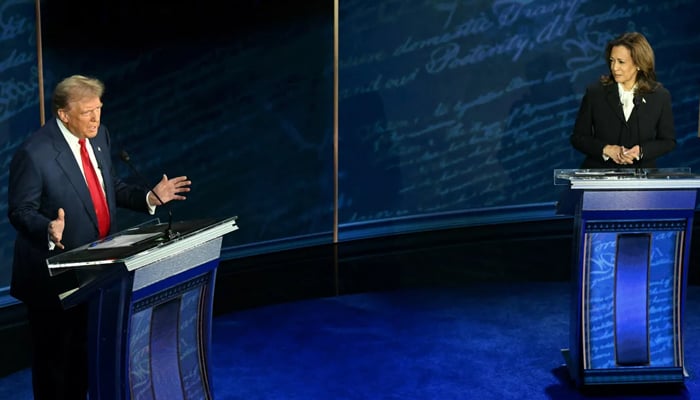 Former US President and Republican presidential candidate Donald Trump (L) speaks during a presidential debate hosted by ABC with US Vice President and Democratic presidential candidate Kamala Harris in Philadelphia, Pennsylvania, US on September 10, 2024. — AFP