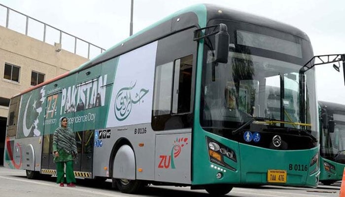 A BRT bus decorated with national flag for the celebrations of 77 Indpendence Day at Trans Peshawar Terminal. — APP/File