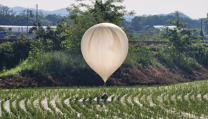 A balloon believed to have been sent by North Korea, carrying various objects including what appeared to be trash and excrement, is seen over a rice field at Cheorwon, South Korea, May 29, 2024. — Reuters