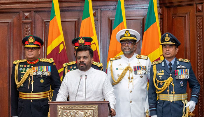 Sri Lankas newly elected President Anura Kumara Dissanayake addresses a gathering after taking his oath of office at the Presidential Secretariat, in Colombo, Sri Lanka, on September 23, 2024. — Reuters