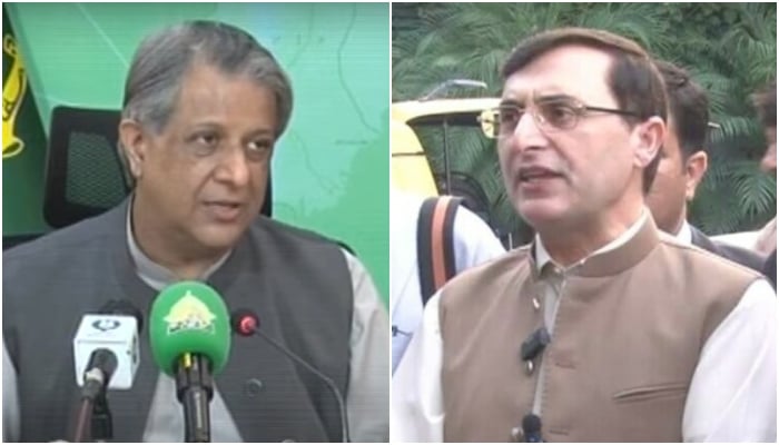 Law Minister Azam Nazeer Tarar (left) and PTI Chairman Barrister Gohar, September 23, 2024. — Screengrab/Geo News