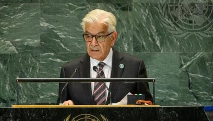 Defence Minister Khawaja Asif speaks at the UNsSummit of the Future in the UNGA hall in New York, US in this image released on September 24, 2024. — APP