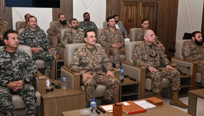 Chief of Army Staff (COAS) General Syed Asim Munir pictured along with other army officials during visit to Wana, South Waziristan District. — ISPR