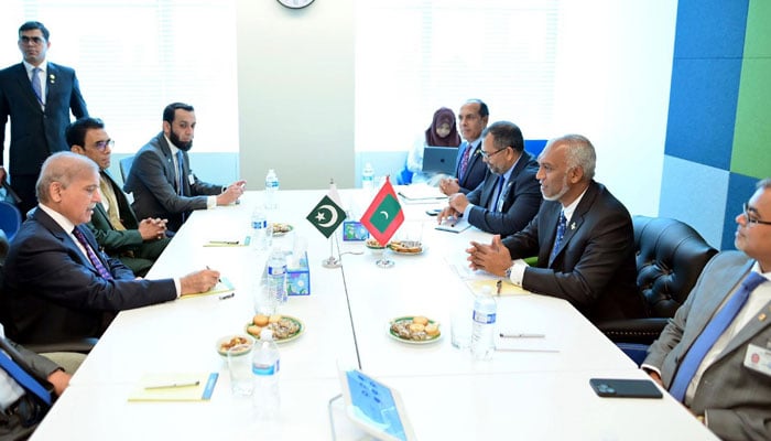 Prime Minister Shehbaz Sharif meets Maldives President Dr Muizzu on the sidelines of the 79th Session of the UNGA on September 24, 2024. — PID