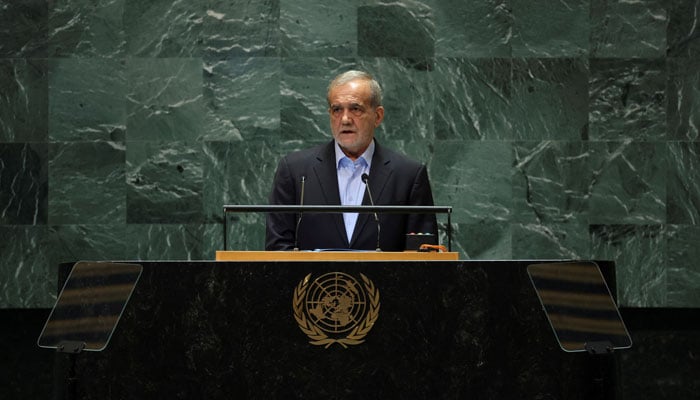 Iran’s President Masoud Pezeshkian addresses the 79th United Nations General Assembly at UN headquarters in New York, US, September 24, 2024. — Reuters