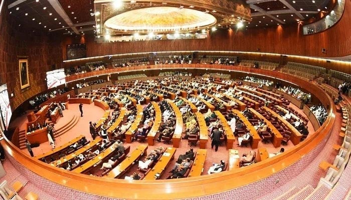 A view of the National Assembly session underway with then-speaker Raja Pervez Ashraf in the chair, on April 10, 2023. — X/NAofPakistan