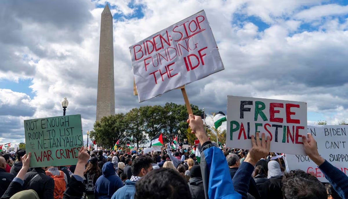 People gather for a rally held by American Muslims for Palestine calling for a cease fire in Gaza at the Washington Monument in Washington, US on October 21, 2023. — Reuters