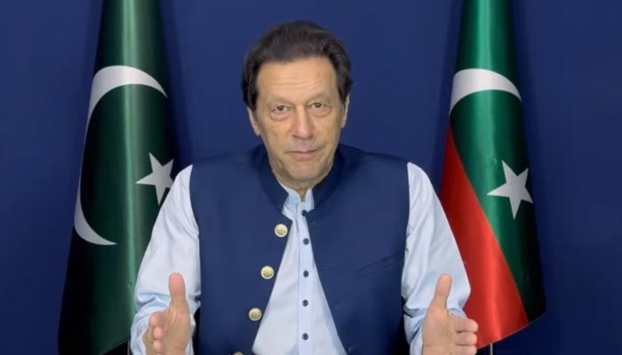 Pakistan Tehreek-e-Insaf (PTI) founder Imran Khan addressing people during a broadcast in Lahore, on May 26, 2023, in this still taken from a video. — YouTube/PTI