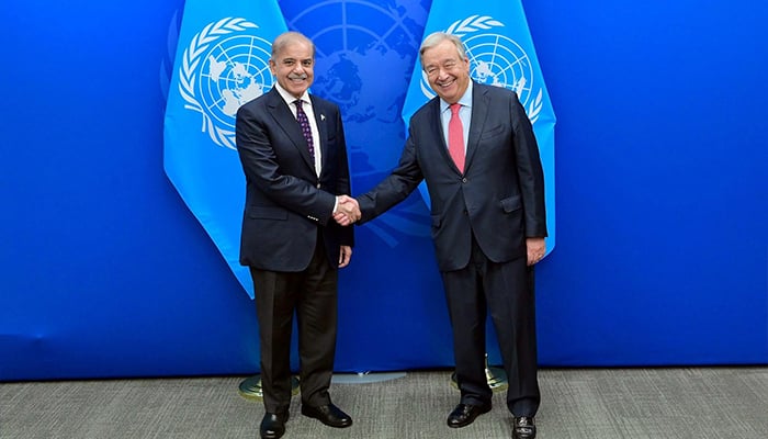 PM Shehbaz Sharif meets UN Secretary General Antonio Guterres on the sidelines of 79th session of the United Nations General Assembly in New York. — PID