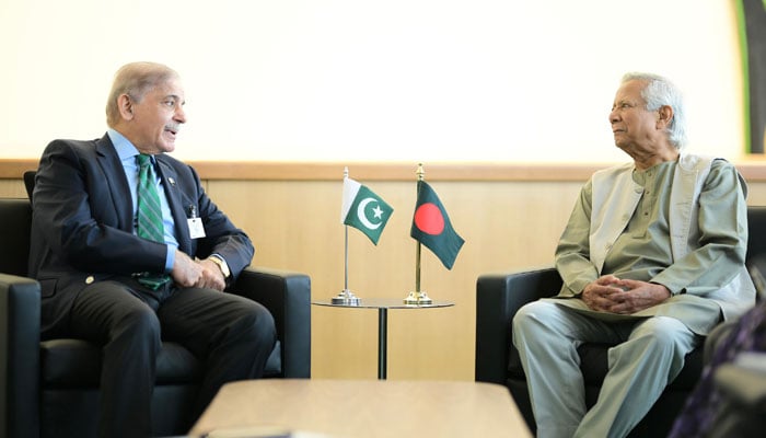 Prime Minister Shehbaz Sharif (left) meets Chief Advisor of the interim government of Bangladesh Dr Muhammad Yunus on the sidelines of the 79th session of the United Nations General Assembly in New York on September 25th 2024.