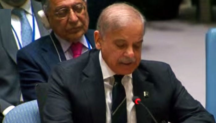 Prime Minister Shehbaz Sharif delivers a statement during the high-level open debate of United Nations Security Council on Leadership for Peace on the sidelines of the 79th session of the United Nations General Assembly in New York on September 25, 2024. — Radio Pakistan