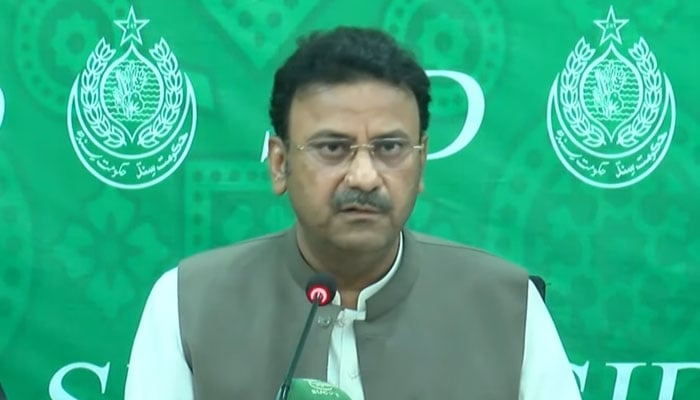 Sindh Home Minister Ziaul Hassan Lanjar addressing a press conference in Karachi on September 26, 2024. — Screengrab via YouTube/Geo News