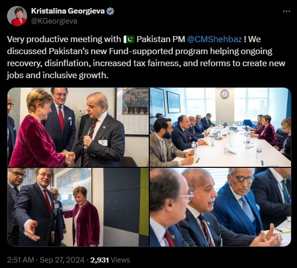 IMF MD Kristalina Georgieva meets PM Shehbaz Sharif-led delegation in this image released on September 27, 2024. — X/@KGeorgieva