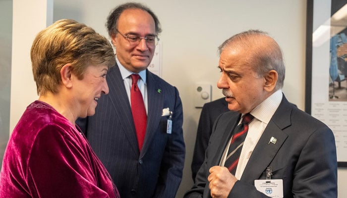 IMF Managing Director Kristalina Georgieva (left) meets PM Shehbaz Sharif  on the sidelines of the UNGA session in this image released on September 27, 2024. — X/@KGeorgieva