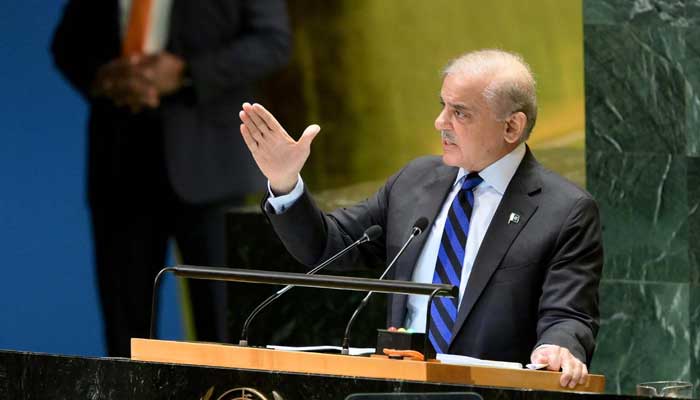 Prime Minister Shehbaz Sharif addresses the UN General Assembly in New York, US on September 27, 2024. — PID