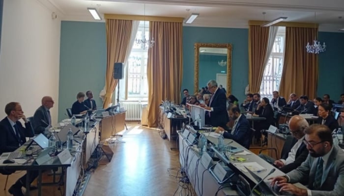 Counsel for Pakistan, Sir Daniel Bethlehem KC, addressing the Neutral Expert at the third meeting in Vienna, Austria, in September 2024. —Permanent Court of Arbitration website