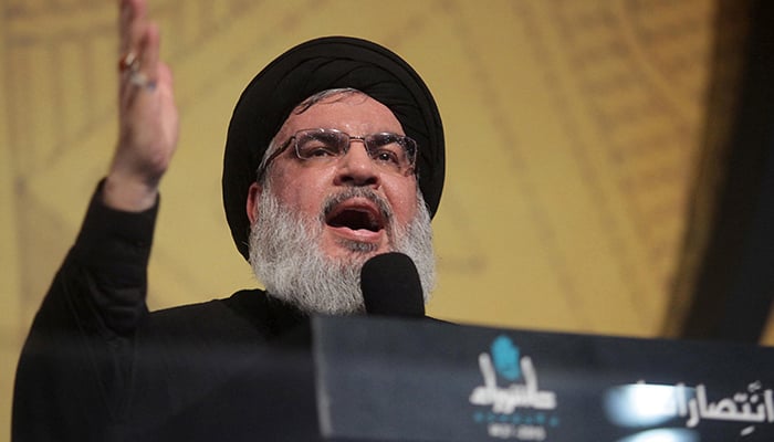 Hezbollahs late leader, Sayyed Hassan Nasrallah, gestures as he addresses his supporters during a rare public appearance at an Ashura ceremony in Beiruts southern suburbs, Lebanon on October 23, 2015. — Reuters