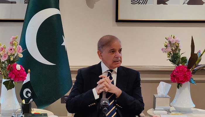 Prime Minister Shehbaz Sharif addressing the media in London on September 28, 2024. — PID