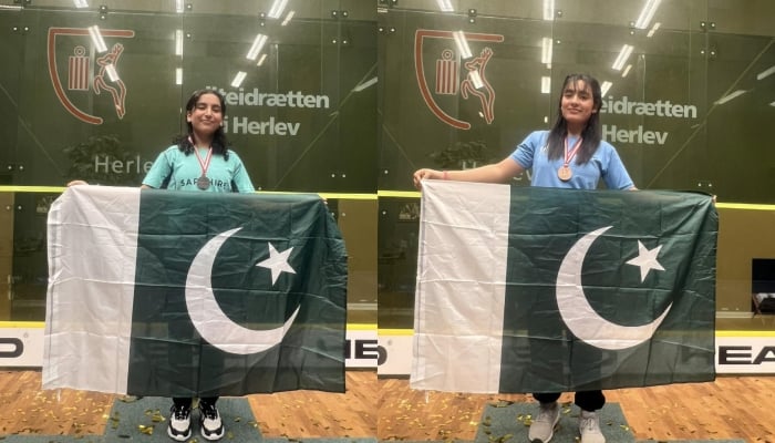 A combination of pictures shows Sehrish Ali (left) and Mehwish Ali with the Pakistans flag while wearing their medals at the HEAD Danish Junior Open on September 29, 2024. — Facebook/Khyber Pakhtunkhwa Squash Association