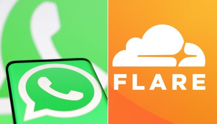 The combination image shows logos of WhatsApp (L) and Cloudflare (R). — Reuters/Cloudflare/File