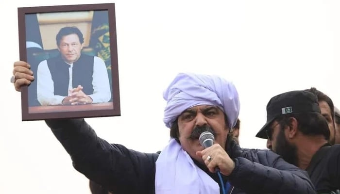 Khyber Pakhtunkhwa Chief Minister Ali Amin Gandapur addresses a public gathering in this undated photo. — Facebook/AliAminKhanGandapurPti/ File