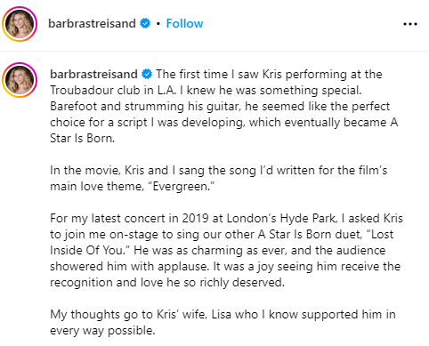 Barbra Streisand honors late costar Kris Kristofferson with touching tribute