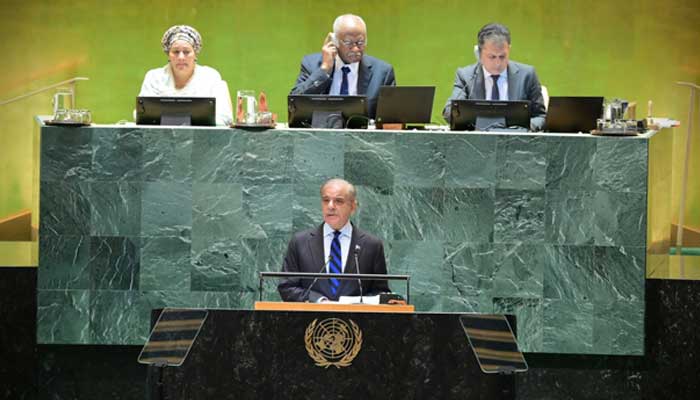 Prime Minister Shehbaz Sharif addresses the UN General Assembly in New York, US on September 27, 2024. — PID