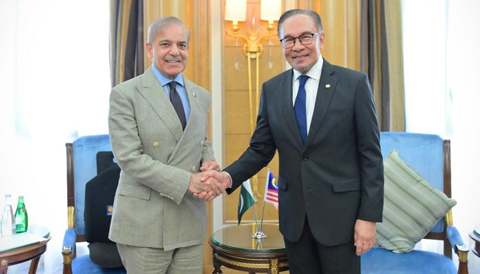 Prime Minister Shehbaz Sharif meets his Malaysian counterpart Anwar Ibrahim on April 29, 2024. — PID