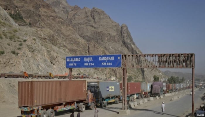 Containers parked at the Pak-Afghan Kharlachi border crossing in this undated image. —APP/ File