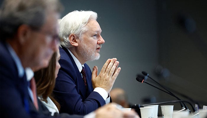 WikiLeaks founder Julian Assange gestures as he speaks during a hearing on his detention and conviction, and their effect on human rights before the Committee on Legal Affairs and Human Rights of the Parliamentary Assembly of the Council of Europe (PACE) in Strasbourg, France, October 1, 2024. — Reuters