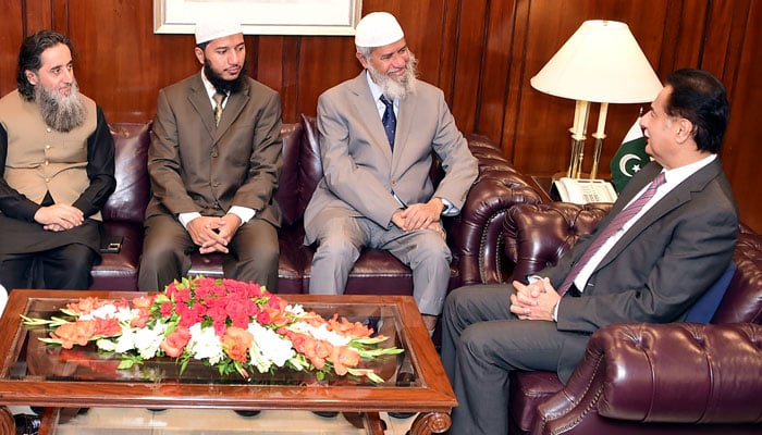 Renowned Islamic philosopher Dr Zakir Abdul Karim Naik calls on National Assembly Speaker Sardar Ayaz Sadiq at Parliament House on October 1, 2024. — PID