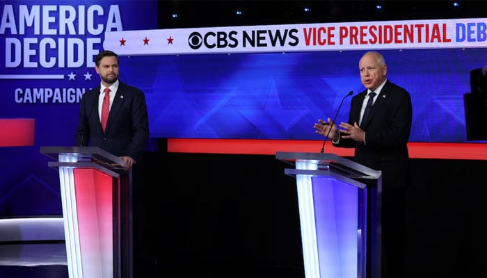 Democratic vice presidential nominee Minnesota Governor Tim Walz speaks during a debate with Republican vice presidential nominee US Senator JD Vance (R-OH) hosted by CBS in New York, US, October 1, 2024. — Reuters