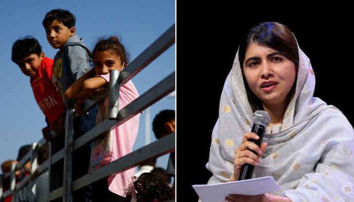 Malala Yousafzai addresses a session. Gaza children travelling in search of safety on a truck. — Reuters/File