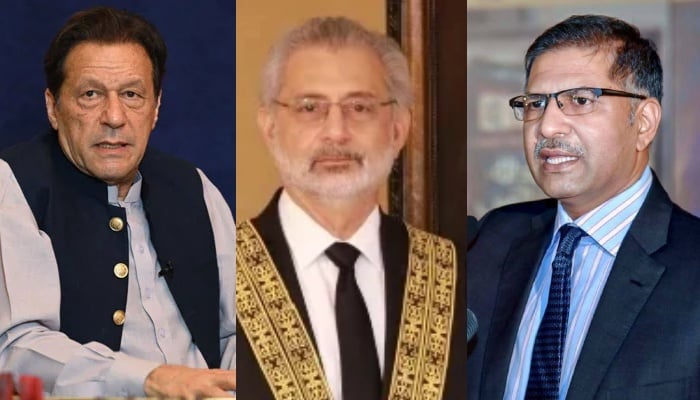 A collage showing PTI founder Imran Khan (left), CJP Qazi Faez Isa (centre) and PTI lawyer Barrister Ali Zafar. — AFP/SC website/Facebook/@GovtofPakistan/File