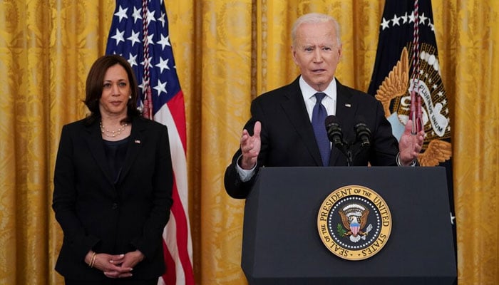 US0 President Joe Biden speaks next to Vice President Kamala Harris in the East Room at the White House in Washington, US. — Reuters/File