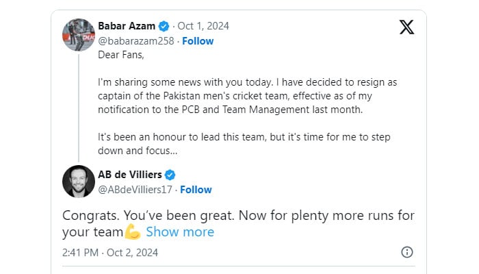 Has estado genial: AB de Villiers opina sobre la dimisión de Babar Azam como capitán