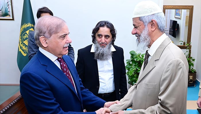 Islamic scholar Dr Zakir Naik (right) calls on PM Shehbaz Sharif in Islamabad on October 2, 2024. — PID