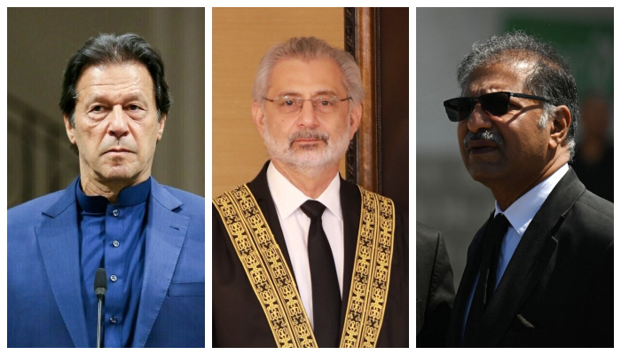 A collage showing PTI founder Imran Khan (left) CJP Qazi Faez Isa (Centre) and PTIs lawyer Barrister Ali Zafar. — AFP/SC website/File