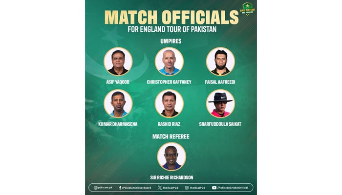 An image card showing the names and pictures of the officials for Pakistan vs England Test series. — Supplied