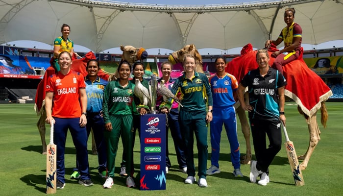 The captains of the 10 countries participating in the ICC Womens T20 World Cup 2024 pose with the events trophy on October 2, 2024. — ICC